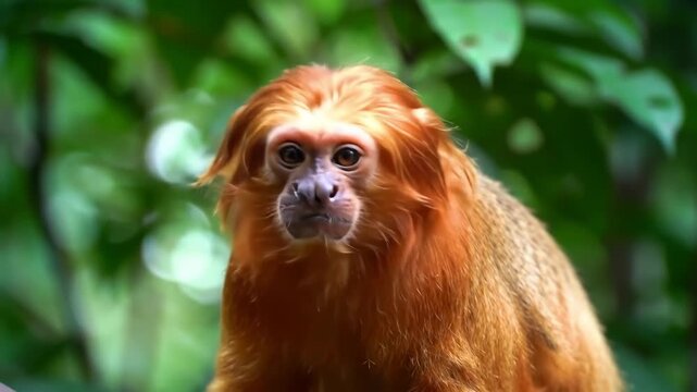 A close-up photo of a monkey with vibrant orange fur and a blurred green background