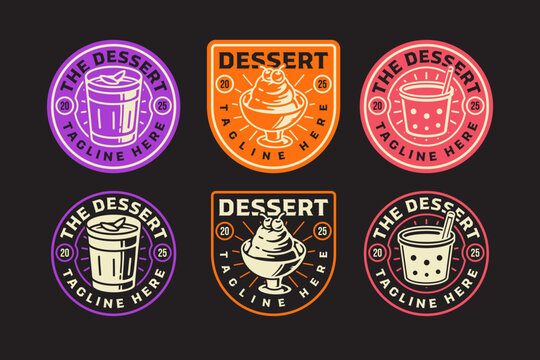 Panna cotta, pudding, ice cream sundae, bubble tea, cold desserts retro rustic badge patch logo design set for restaurant, cafes, bake shop, pastry, bakery, beverages, drinks. Vector illustration