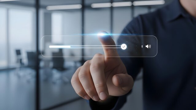 Human Hand Interacting with a Glowing Digital Progress Bar on a Virtual Futuristic Interface, Symbolizing Data Processing, Technology, and Innovation in Modern Business Workflow - Powered by Adobe