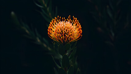 Single Leucospermum flower standing tall on dark background. Elegant minimal botanical portrait for art prints, posters, and interior decoration. Low key, full bloom 