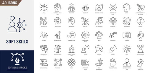 Soft skills icon set. Teamwork, leadership, empathy, problem solving, time management, adaptability, creativity, and personal development. Editable stroke. Vector illustration