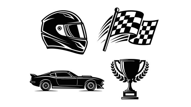 Vintage Racing Sport Vector Elements Set with Helmet Checkered Flag Muscle Car and Trophy