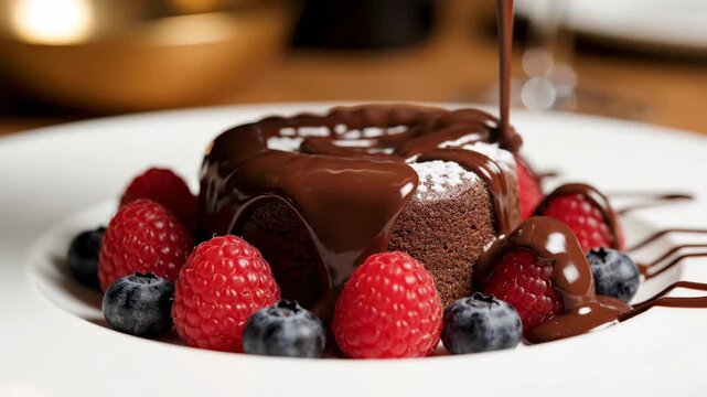 Chocolate dessert with berries food photography