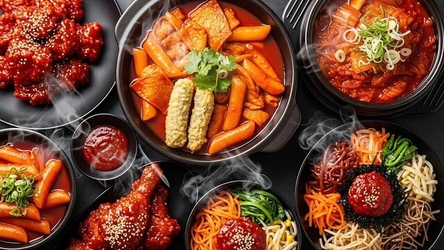 A delicious assortment of Korean food, including spicy chicken, tteokbokki, and bibimbap, presented in a top-down view.