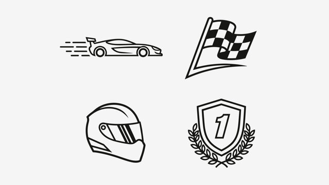 Racing Sport Line Icons Set Car Checkered Flag Helmet and Winner Badge