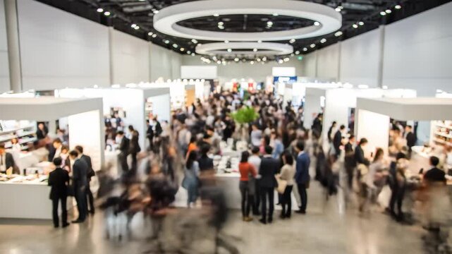 Blurred defocused timelapse of people walking inside modern busy bustling trade fair venue between minimalistic stalls