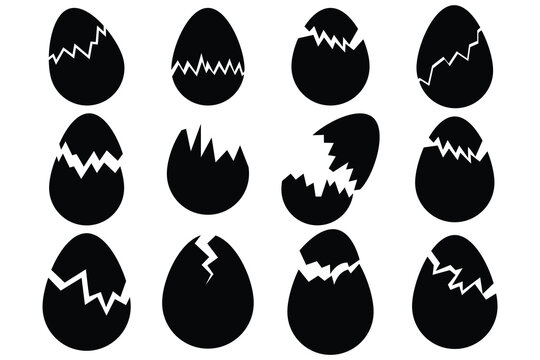 Easter egg vector icon set. Broken eggs icon set. Cracked eggs symbols. Vector illustration. Ester eggs shell. Broken Easter egg silhouette symbol elements. Ester eggs shell.
