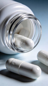 Close-up of white capsules spilling from a glass bottle, ideal for health-related articles or product ads.