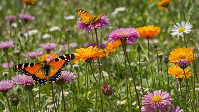Two monarch butterflies on a field of colorful wildflowers in bloom