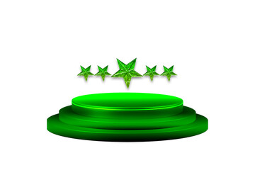3d rendered illustration of a colourful podium with stars. Glowing star elements on podium and glitter light effects. Green colour 5 star on a tiered podium isolated on transparent background.
