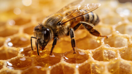 Macro shot of a honeybee collecting nectar from honeycomb, emphasizing its features and glistening honey. Ideal for educational content or nature articles.