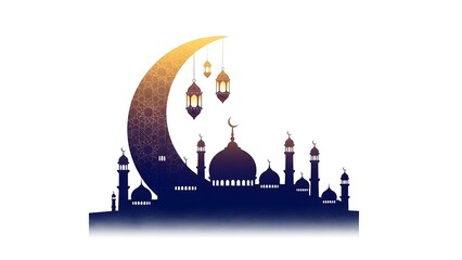 Elegant mosque silhouette with large crescent moon and hanging lanterns in blue and gold on a white background. 