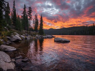 Sunset over serene mountain lake