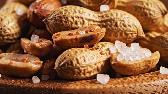 Close up of assorted roasted peanuts with coarse salt on wooden surface