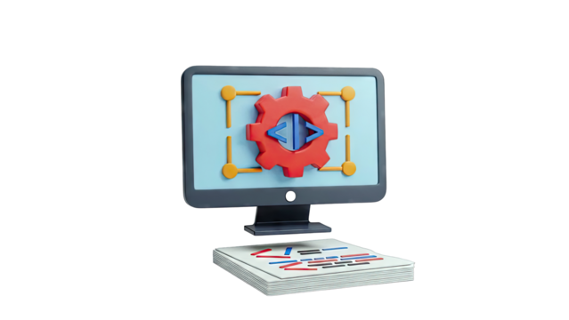 3D Render: Computer with Coding Gear and Documents - Powered by Adobe