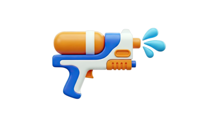 3D Render of a Blue, White, and Orange Water Gun with Water Splashes