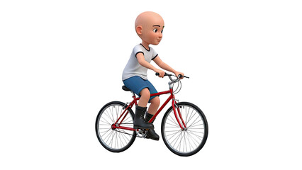Bald Cartoon Child Riding a Red Bicycle