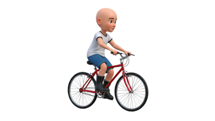 Bald Cartoon Child Riding a Red Bicycle