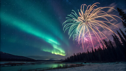 A soft, northern-lights–inspired firework that blooms outward in flowing ribbons of neon teal, violet, and gold dust, with subtle mist-like glow fading into transparency.