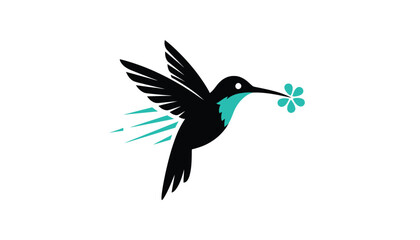 Fototapeta premium Black Hummingbird Flying with Turquoise Flower in Motion Blur Isolated on White
