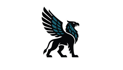 Fototapeta premium Majestic griffin logo icon, mythical creature with eagle wings and lion body, powerful heraldic gryphon mascot, teal and black vector illustration