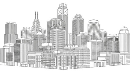 High-Quality Black Line Art of High-Rise Office Building Skyline View