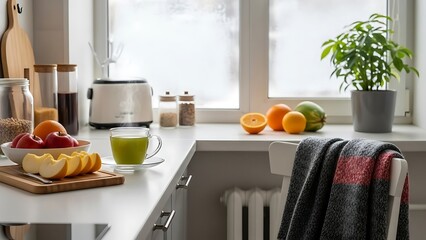 Fresh fruit and juice on kitchen counter by window with chair and plant
