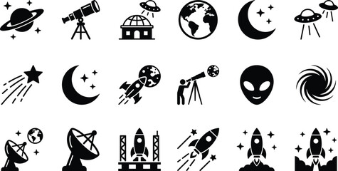 Space astronomy and science fiction icons set, universe planets rockets aliens exploration symbols, minimal black silhouette vector design © Nilufa Creative