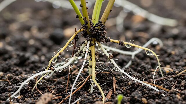 Close up of plant roots growing in dark soil with water droplets.