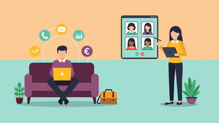 Remote team collaborating and communicating through video conferencing and online tools for efficient business operations and project management