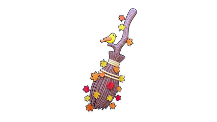 Autumn Broom with Bird and Leaves