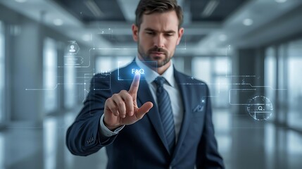 businessman touching virtual screen with finger