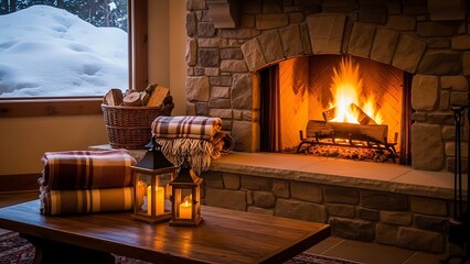 Cozy living room with fireplace burning on a snowy winter evening indoors