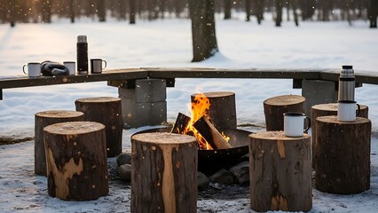 People gather around a campfire in a snowy forest with tree stumps and benches.