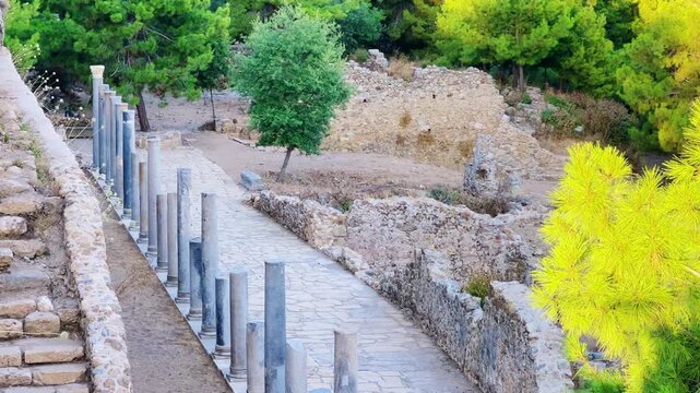Ruins of the ancient Roman port city of Siedra in Alanya, Antalya, Turkey. The street and ruins of the ancient abandoned ancient city of Siedra on the Mediterranean coast. 4К