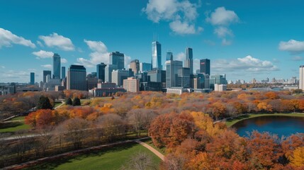 Vibrant autumn in central park with new york city skyline