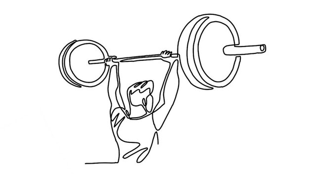 continuous line animation of strong weightlifter man preparing for barbell workout