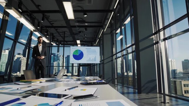 spacious glass boardroom with presenter and charts, table scattered with reports and stationery, skyline view through floor-to-ceiling windows, high-energy investor pitch atmosphere