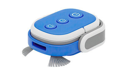 Blue and white robot vacuum cleaner with power buttons