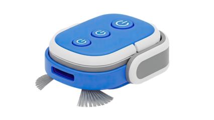 Blue and white robot vacuum cleaner with power buttons