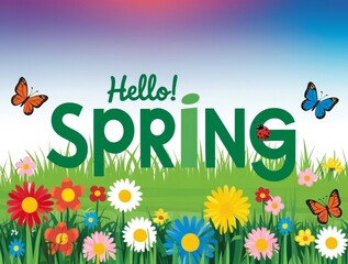 Naklejka premium Hello spring with butterflies and colorful flowers on a grassy hill