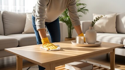 Woman cleaning a wooden coffee table in a living room with beige furniture and plants.