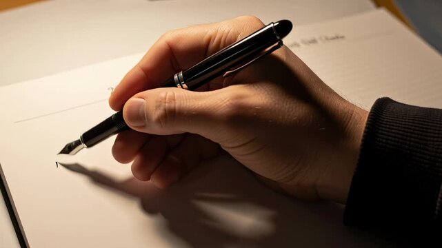 Close-up of a hand holding a fountain pen writing on a notebook.