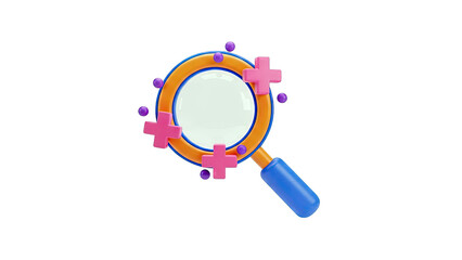 3D Magnifying Glass with Plus Symbols and Spheres