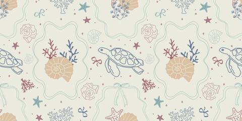Naklejka premium Elegant seamless marine pattern in the form of frames with turtles, corals, shells, and starfish. Hand-painted soft sea background in pastel colors. Ideal for textiles, packaging, wallpaper