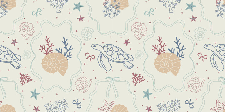 Elegant seamless marine pattern in the form of frames with turtles, corals, shells, and starfish. Hand-painted soft sea background in pastel colors. Ideal for textiles, packaging, wallpaper