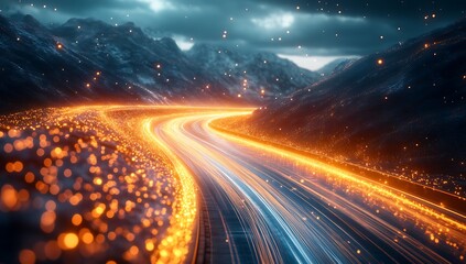 Fototapeta premium Nighttime mountain highway with light trails