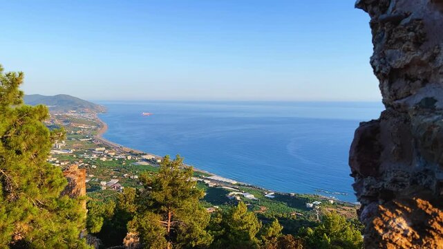 Ruins of the ancient Roman port city of Siedra in Alanya, Antalya, Turkey. The street and ruins of the ancient abandoned ancient city of Siedra on the Mediterranean coast. 4К