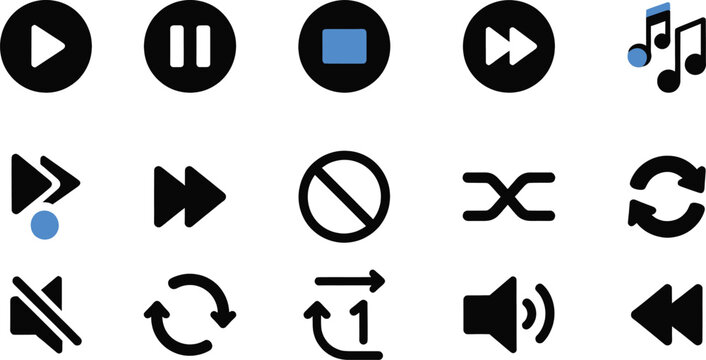 A collection of black and white media player control icons including play, pause, stop, fast forward, rewind, shuffle, repeat, volume, and mute.