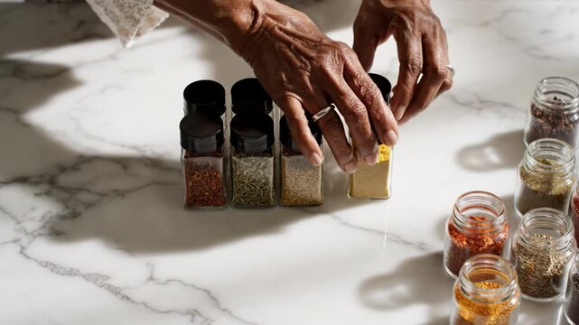 Elderly hands arranging spice jar bottle dried herb ground spice seasoning kitchen marble countertop culinary ingredients dried chili oregano collection